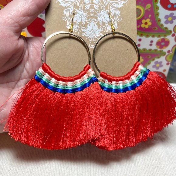 Large Fan Tassel Earrings Red Hoops Long Smooth Silky Fringe Drop Dangles NWT - Picture 1 of 5